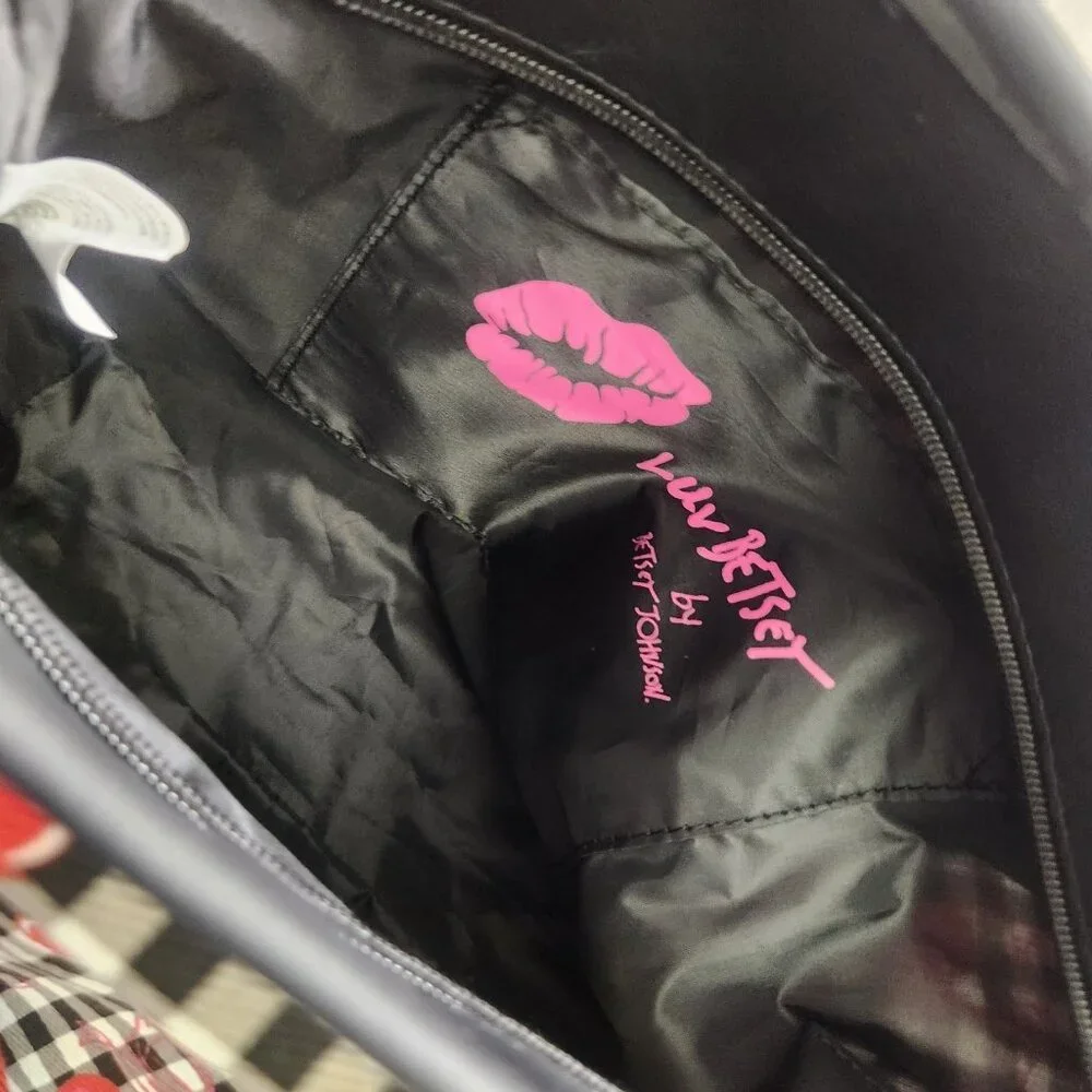 Betsey Johnson Cherry Gingham Tote Bag Black Red w/ Crossbody Strap NWT